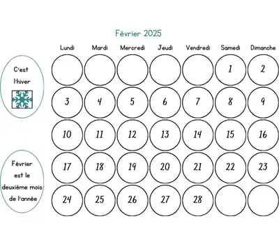Calendrier février à colorier Calendrier février à colorier