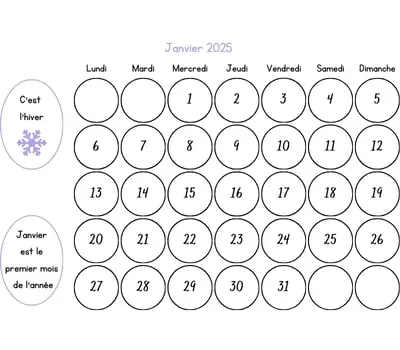 Calendrier janvier à colorier Calendrier janvier à colorier