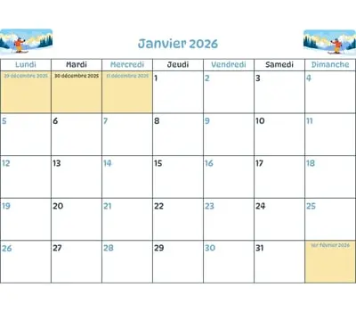 Calendrier du mois - janvier 2026 Calendrier du mois à imprimer - janvier 2026