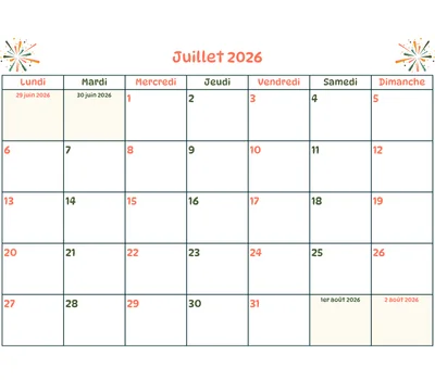 Calendrier du mois à imprimer - juillet 2026