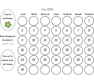 Calendrier juin 2025 à colorier Calendrier juin 2025 à colorier