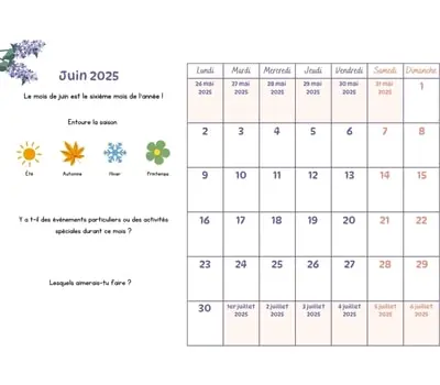 Calendrier du mois à cocher - juin 2025 Calendrier du mois à cocher avec les enfants - juin 2025