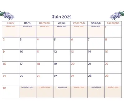 Calendrier du mois - juin 2025 Calendrier du mois à imprimer - juin 2025
