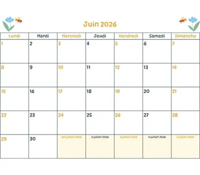 Calendrier du mois à imprimer - juin 2026