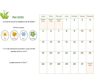 Calendrier du mois à imprimer - mai 2025 Calendrier du mois à cocher avec les enfants - mai 2025
