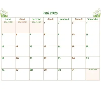 Calendrier du mois - mai 2025 Calendrier du mois à imprimer - mai 2025