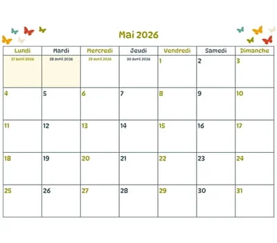 Calendrier du mois à imprimer - mai 2026