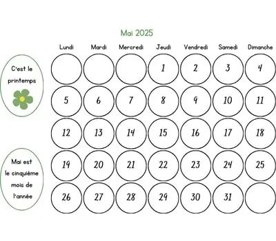 Calendrier mai 2025 à colorier Calendrier mai 2025 à colorier
