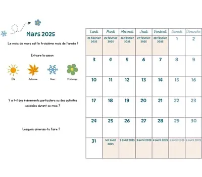 Calendrier du mois à imprimer - mars 2025 Calendrier du mois à cocher avec les enfants - mars 2025
