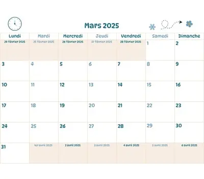 Calendrier du mois - Mars 2025 Calendrier du mois à imprimer - mars 2025
