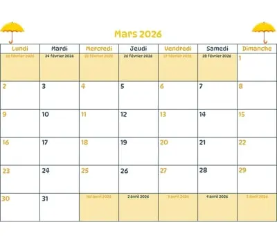 Calendrier du mois - mars 2026 Calendrier du mois à imprimer - mars 2026