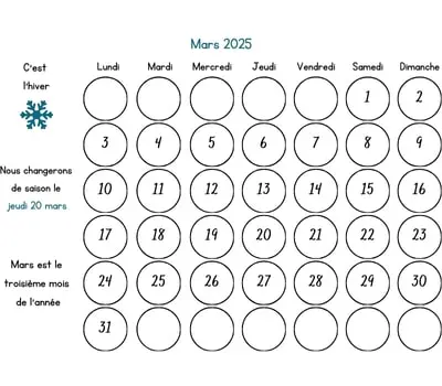 Calendrier mars 2025 à colorier Calendrier mars 2025 à colorier