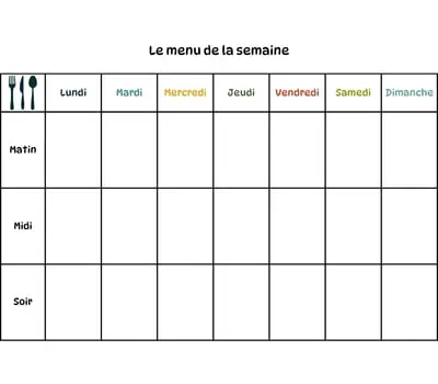 Planning - Le menu de la semaine Calendrier du menu de la semaine à imprimer