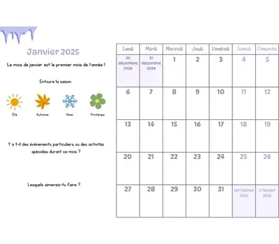 Calendrier du mois à imprimer - janvier 2025 Calendrier du mois à compléter avec les enfants - janvier 2025
