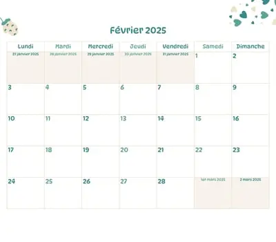 Calendrier du mois - Février 2025 Calendrier du mois à imprimer - janvier 2025