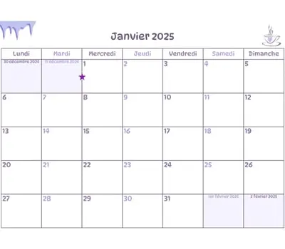 Calendrier du mois - janvier 2025 Calendrier du mois à imprimer - janvier 2025