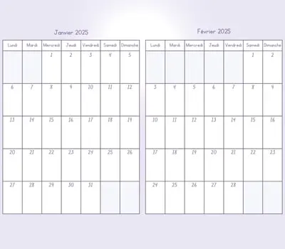 Calendrier 2 mois - janvier et février 2025 Calendrier à imprimer - janvier et février 2025