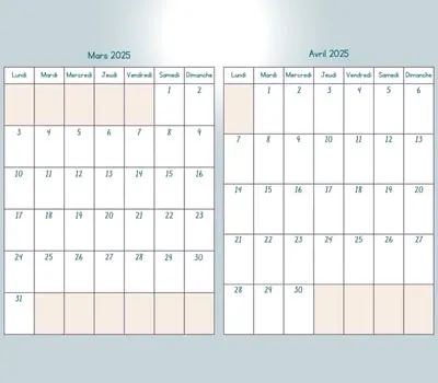 Calendrier à imprimer - mars et avril 2025 Calendrier à imprimer - mars et avril 2025