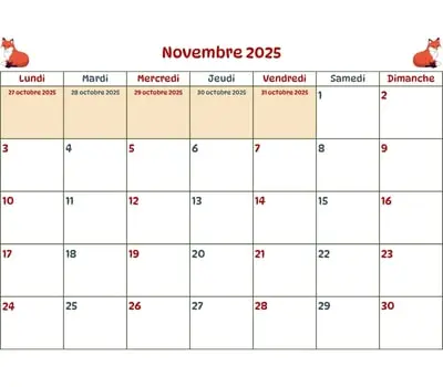 Calendrier du mois - novembre 2025 Calendrier du mois à imprimer - novembre 2025