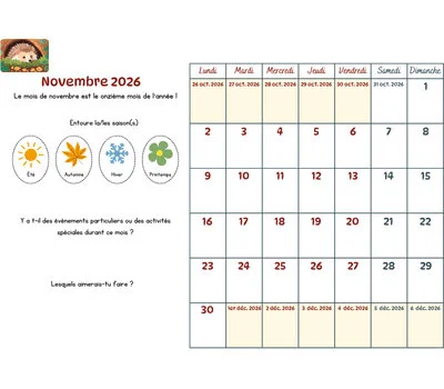 Calendrier novembre 2026 à cocher avec les enfants - Activité pédagogique