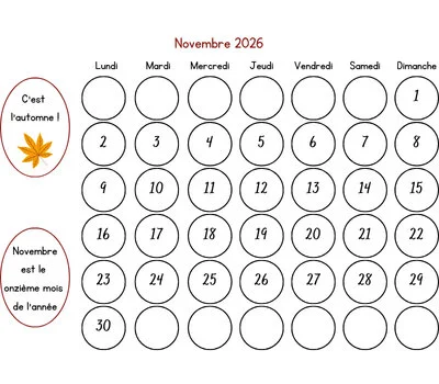 Calendrier novembre 2026 à colorier avec les enfants