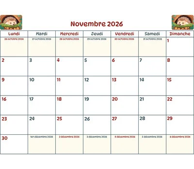 Calendrier novembre 2026 - Planification et organisation du mois