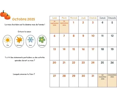 Calendrier du mois à cocher avec les enfants - octobre 2025
