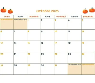 Calendrier du mois - octobre 2025 Calendrier du mois à imprimer - octobre 2025