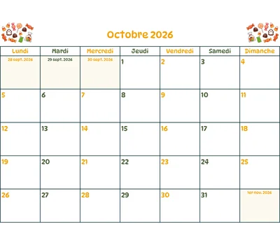 Organiser et planifier - Calendrier octobre 2026 à imprimer en pdf