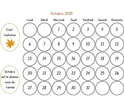 Calendrier octobre 2025 à colorier Calendrier octobre 2025 à colorier