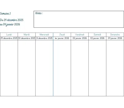 Calendrier semaine 1 - année 2025-2026 Calendrier semaine 1 à imprimer - année 2025-2026