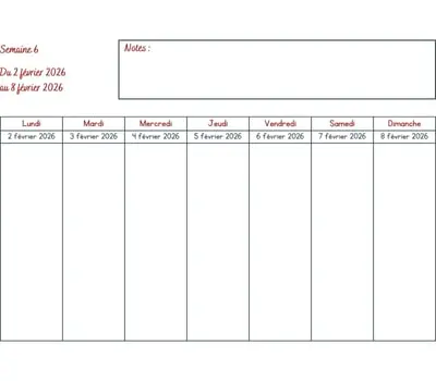 Calendrier semaine 6 à imprimer - année 2026