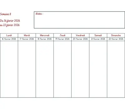 Calendrier semaine 8 à imprimer - année 2026