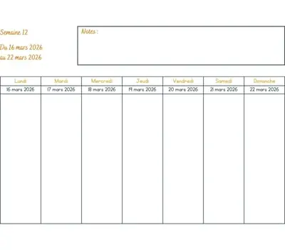 Calendrier semaine 12 à imprimer - année 2026