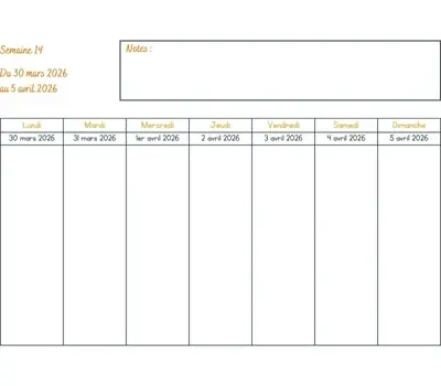 Calendrier semaine 14 à imprimer - année 2026