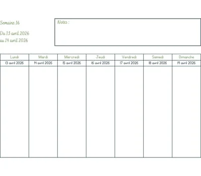 Calendrier semaine 16 à imprimer - année 2026