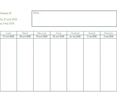 Calendrier semaine 18 à imprimer - année 2026