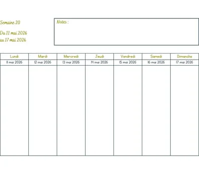 Calendrier semaine 20 à imprimer - année 2026