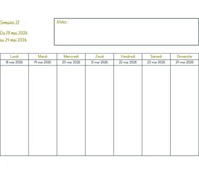 Calendrier semaine 21 à imprimer - année 2026
