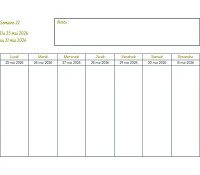 Calendrier semaine 22 à imprimer - année 2026