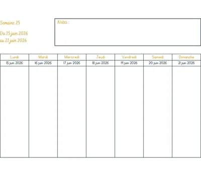Calendrier semaine 25 à imprimer - année 2026