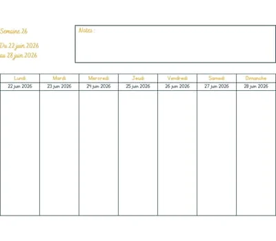 Calendrier semaine 26 à imprimer - année 2026