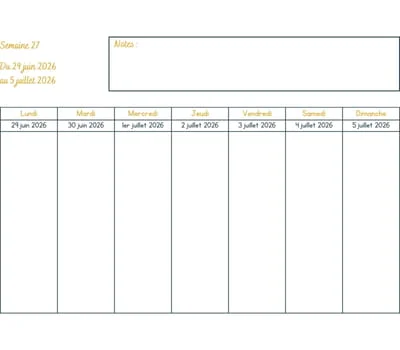 Calendrier semaine 27 à imprimer - année 2026