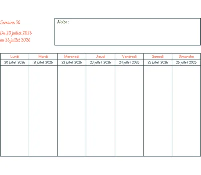 Calendrier semaine 30 à imprimer - année 2026