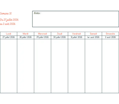 Calendrier semaine 31 à imprimer - année 2026