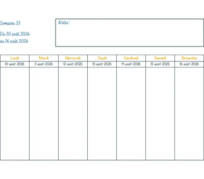 Calendrier semaine 33 à imprimer - année 2026