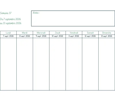 Calendrier semaine 37 - année 2026 Calendrier semaine 37 à imprimer - année 2026