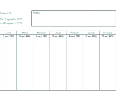 Calendrier semaine 38 - année 2026 Calendrier semaine 38 à imprimer - année 2026