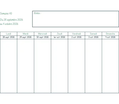 Calendrier semaine 40 année 2026 Calendrier semaine 40 à imprimer - année 2026