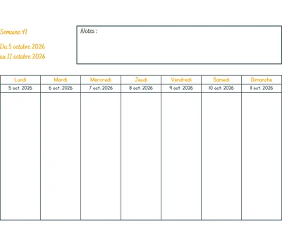 Calendrier semaine 41 - année 2026 Calendrier semaine 41 à imprimer - année 2026